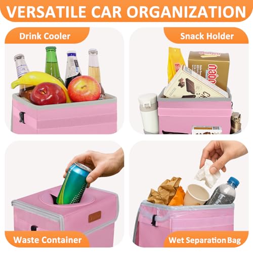 Image of Vankor 3 Gallons Car Trash Can with Lid, Car Trash Bag Bin Hanging Waterproof Automotive Garbage Cans Leak Proof Vehicle Trash Can Pink