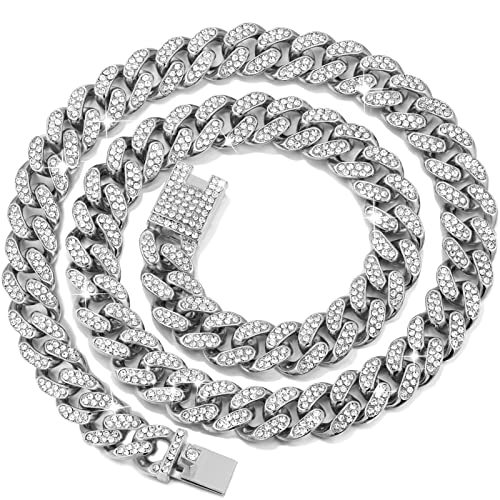 Image of Cuban Link Dog Collar Gold Silver Color Metal Dog Chain Collar Cuban Diamond Chain Pet Collars for Dogs Cats Jewelry 8 /10 /14 /16 /18 /20 /24 /28 Inch (22inch, Silver)