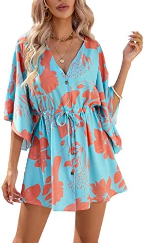 Yoyoveta Women’s Short Sleeve V Neck All Over Print High Waist Summer Short Dress