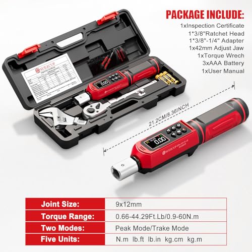Image of SUERCUP 9x12 mm Adjustable Digital Torque Wrench, 0.66-44.29Ft.Lb /0.9-60N.m | Interchangeable Open End Head 42mm Jaw & 3 /8 inch Ratchet, Vibration /Buzzer /LED Alert, for Split AC, HVAC, Bike & Moto Repair