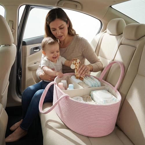 Image of luxury little Diaper Caddy Organizer, Large Cotton Rope Nursery Baby Basket, Changing Table Organizer for Baby Diaper Storage, Portable Car Organizer Removable Divider (Light Pink, Large)