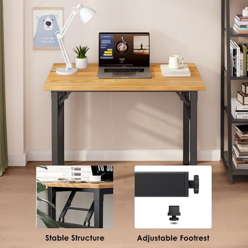 Image of Need 35.8 Inch Folding Desk for Small Spaces, Home Office Computer Desk with Teak Wood Top & Black Frame, Foldable Writing Table for Study, Bedroom, Dorm Room & Student