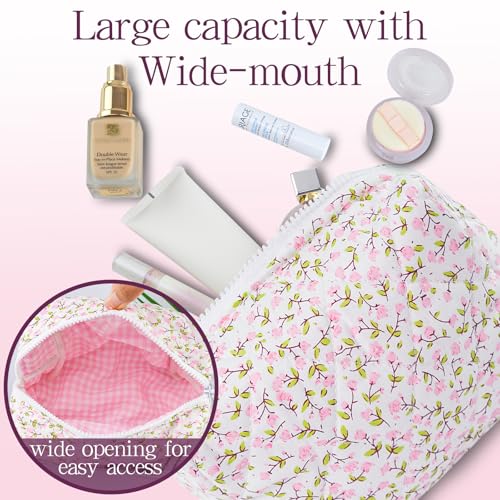 Quilted Makeup Bag Floral Cotton Make up Bag Puffy Coquette Makeup pouch Aesthetic Cute Travel Toiletry Bag for Women Girls3