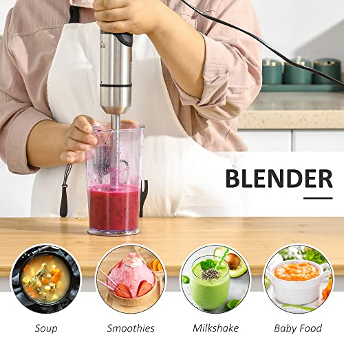 Homcom Immersion Hand Blender, 400W 4-In-1 Handheld Stick Blender With Adjustable Speed, 500Ml Chopper, Egg Whisk, 800Ml Measuring Cup, And Stainless Steel Blades, Silver / Black #TOP7