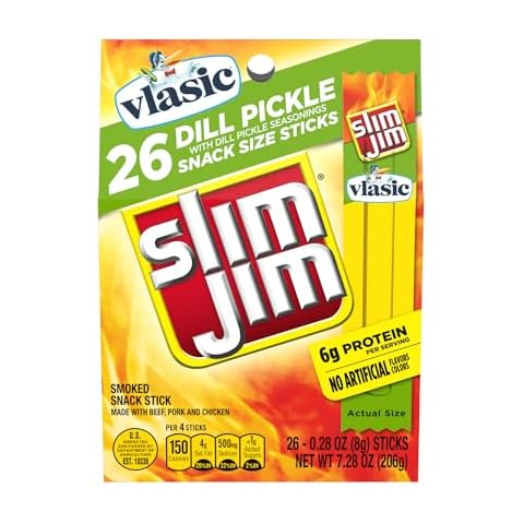 Slim Jim Smoked Meat Sticks, Vlasic Dill Pickle Flavor, 6g Protein Per Serving, Snack Size, 0.28 oz. (26 Count) Cover