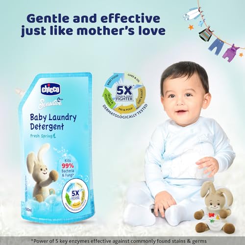 Image of Chicco Baby Laundry Detergent 1L Pouch - Fresh Spring | Liquid Detergent for Baby Clothes | Kills 99% Bacteria and Fungi | 5X Stain Fighter | Free From Harsh Chemicals & Colorants