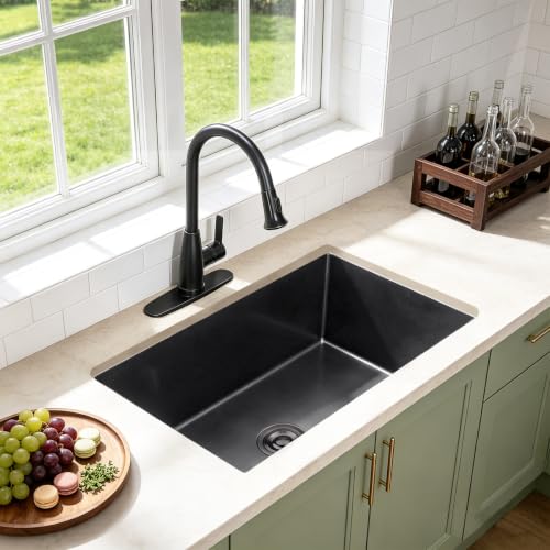 Image of 28 Inch Undermount Kitchen Sink Black, 28x18 Under Mount Gunmetal Black Stainless Steel 16 Gauge 9 Inch Deep Single Bowl Kitchen Sink with Strainer
