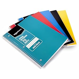 Amazon Basics Wide Ruled Wirebound Spiral Notebook, 70 Sheets – 5 Pack, Assorted Solid Colors