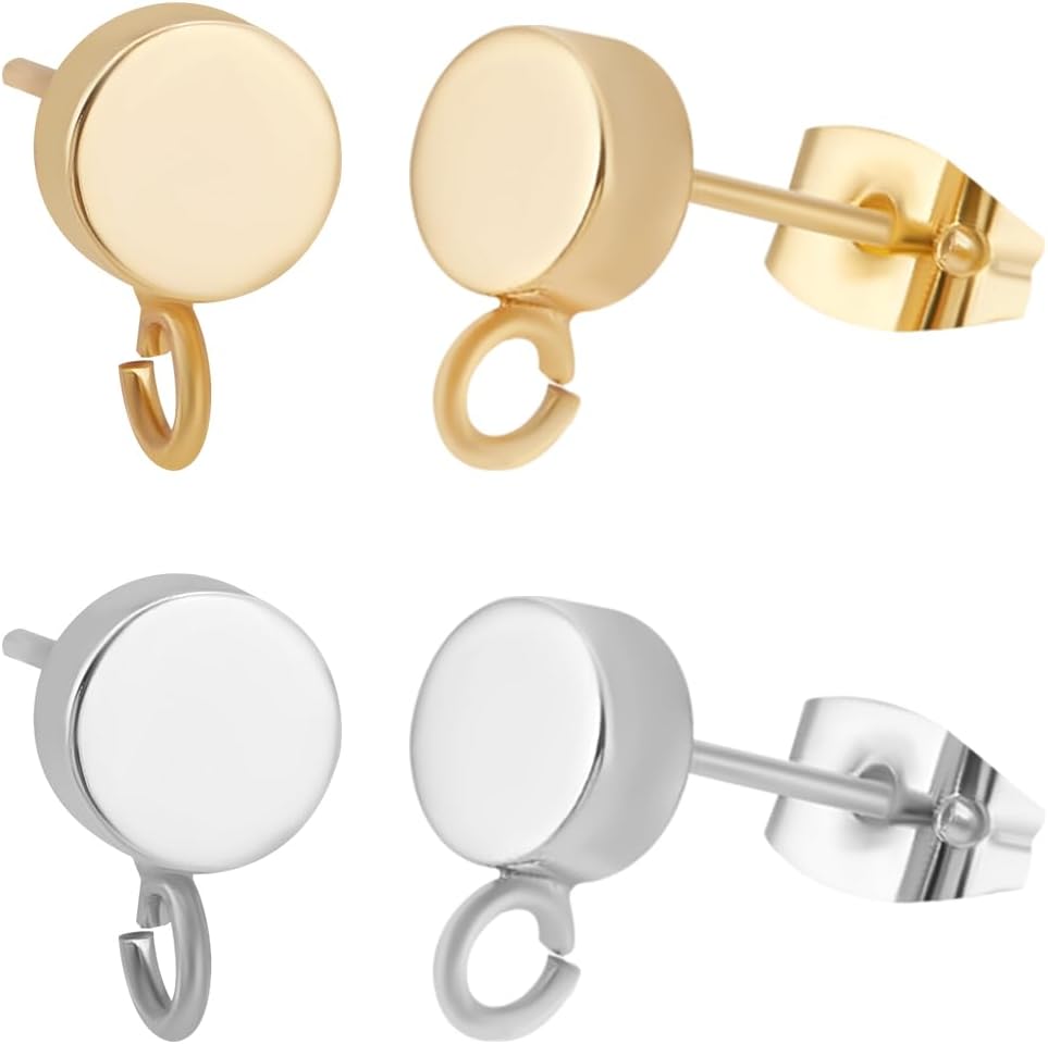 Beebeecraft 20Pcs Flat Round Stud Earrings with Loop 18K Gold Plated &925 Sterling Silver Plated Earring Posts Findings with Ear Nuts for Jewelry Making