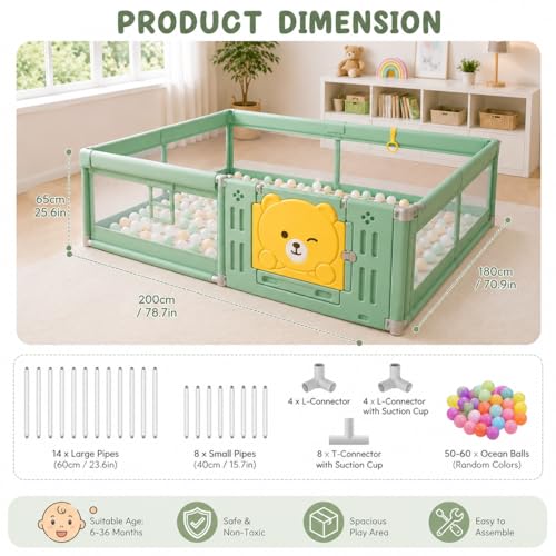 Image of 180 x 200 cm Playpen for Babies upto 3 with Mat and Balls, Indoor Baby Play Area Indoor Outdoor Setup Portable Baby Play Yard Fence for Toddlers Kids with Safety Gate, Breathable Mesh Playpen, 16 Sq Ft (Green, Mesh with Gate)