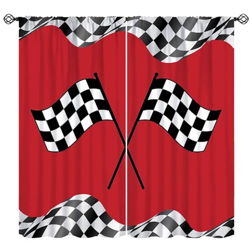 SHElifestyle Kids Racing Car Curtains, Racing Flag Red Window Treatments for Bedroom Black White Checkered Grid Game Theme Window Drapes for Girls Boys Playroom W42xL63(Decor)