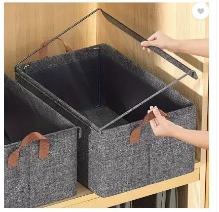 26L Foldable Clothes Organizer For Wardrobe, Blanket Storage Box, Cloth and Dress Organiser Metal Frame Basket Bag with Lid,Carry Handles for Bedding (Grey) (Set of 1 piece)-image-33