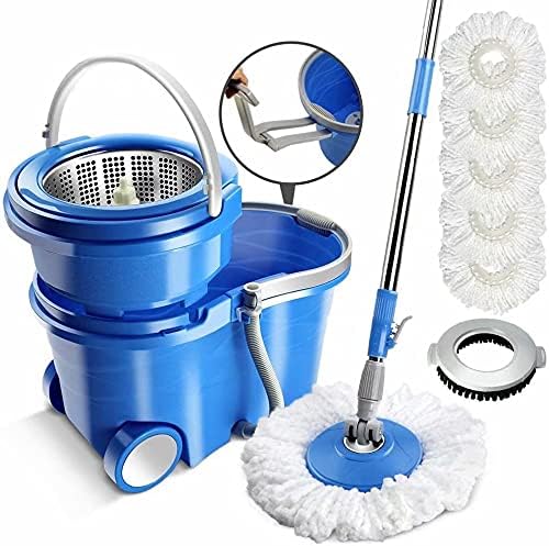 MASTERTOP Spin Mop Bucket with Wringer Set, 3.17 Gallon Large Bucket, Stainless Steel Floor Mop Handle, Easy Moving with Wheels, 5 Microfiber Mop Refills, 1 Floor Brush
