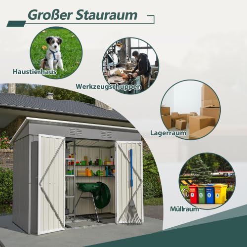 Gartenhaus Metall Geräteschuppen Grau 2,4x1,2 m wetterfest abschließbar mit Metallfundament – für Fahrräder und Gartengeräte