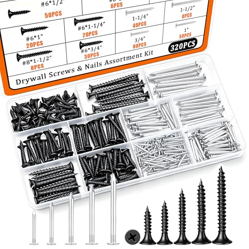 Image of Dianrui Nails & Wood Screws Assortment Kit, 320 PCS #6#8 Philips Black Drywall Screws Set and High Hardness Hardware Small Nails for Picture Hanging /DIY Repair Project Length 1 /2 inch to 2 inch