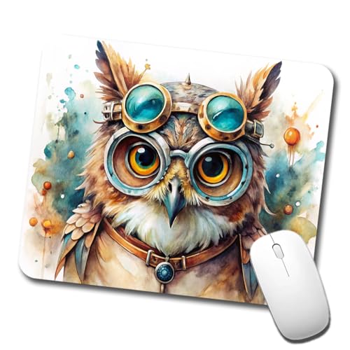 Steampunk Owl with Goggles Fantasy Sci-fi Watercolor Low Profile Mouse Pad Mat