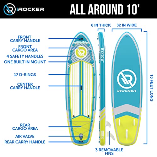 Irocker All-Around Inflatable Stand Up Paddle Board, Extremely Stable 10' Long X 32" Wide X 6" Thick Premium Sup With Roller Bag, Carbon Paddle, Pump, Leash, Fins & Repair Kit, Pink #TOP2