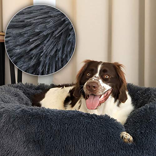 lionto Donutbett für Hunde und Katzen, Flauschiges Hundebett rund für kleine und große Heimtiere, Ø 100 cm, weiches Katzenbett aus kuscheligem Plüsch, Hundekissen mit extra Dicker Füllung, dunkelgrau