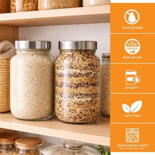 Image of Glassbunny Steel Lid Glass Jar 2000ML Round Jar for Kitchen Transparent Container for Flour, Cereal, Masala, Dry Fruits, Pickles See Through Cap 2KG Pack of 1