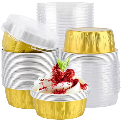 EUSOAR Disposable Cake Containers with Lids, 50pcs 9oz Gold Creme Brulee Cups, Muffin Liners Cups Cupcakes Bread Pudding Mini Loaf Pans with lids Holders Ramekins for Wedding Birthday Theme Party