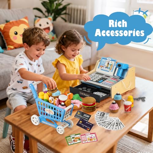 Wooden Cash Register for Kids with Shopping Cart Rechargeable Kid Cash Register with Scanner Gift for Kids Age 3 4 5 6 7 8 9 Year Old Pretend Play for Toddlers Toys for 3-12 Year Old Boys by VROGTIK - Image 8
