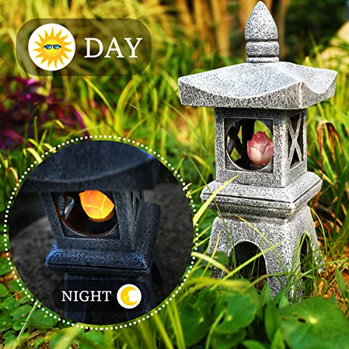 Mibung Solar Pagoda Garden Statue Sculpture, Large Zen Pagoda Asian Lantern With Solar Lotus Light Outdoor Decorations Home Tranquil Japanese Temple Pagoda Lamp Resin Patio Lawn Yard Porch Deco #TOP2
