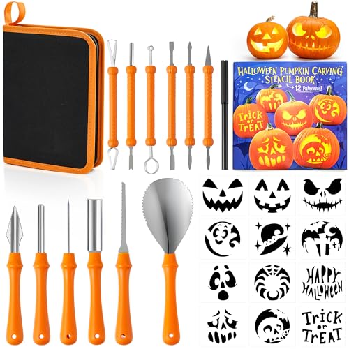 JOYIN 14 Pcs Halloween Pumpkin Carving Kit, Professional Carving Set with Handbag, 12 Stencils, Stainless Steel Double-side Sculpting Tools for Jack-o-Lantern DIY Kids Party Decoration Craft Supplies