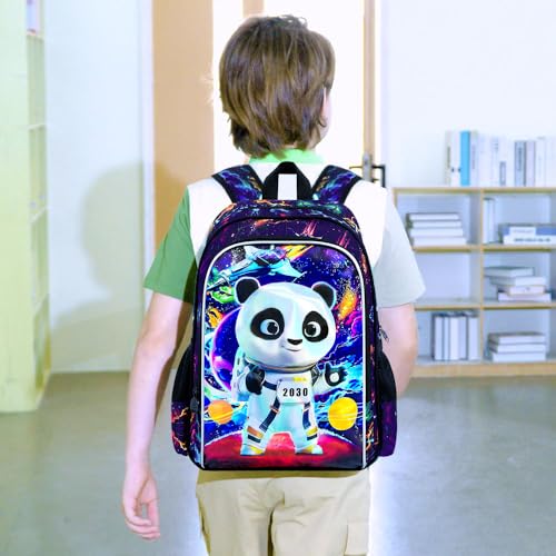 Image of 3Pcs Boys Backpack, 16 inch Panda School Backpacks with Lunch Box, Kids Bookbag for Elementary Preschool Kindergarten(Black)
