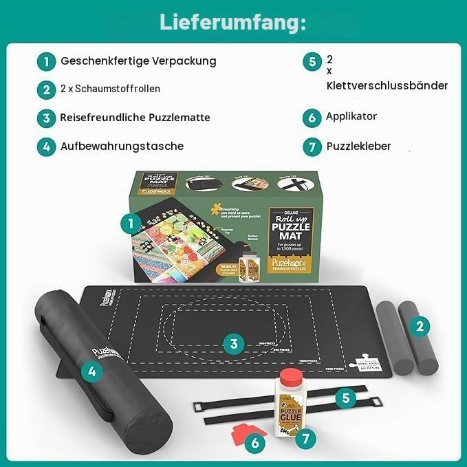 Puzelworx Puzzlematte, aufrollbares Puzzlebrett für Puzzles – 1500 Teile Schutz, Saver, Organizer, rutschfeste Gummiunterseite, Schaumstoff-Rollrohr, Polyester-Oberseite mit Aufbewahrungstasche +