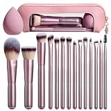 BS-MALL 14 Pcs Makeup Brushes Set with 1 Pcs Makeup Sponge – Essential Foundation Powder Concealers, Eye Shadows, Blush Makeup Brushes with Travel Makeup Case (Matte Gold Pink)