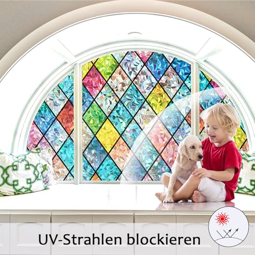 Bectosy Fensterfolie Blickdicht Regenbogen Sichtschutzfolie, Statisch Haftend Fenster Bunt, 3D Regenbogeneffekt Fensterfolie, 44.5 × 200cm ohne Klebstoff UV-Schutz für Wohnzimmer Küche Badezimmer