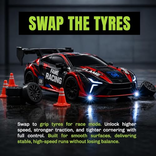 Image of Royal Cellar RC Drift Car 1:24 Scale 4WD | 20KM /H High-Speed Remote Control Car with LED Lights | 2.4GHz Rechargeable Drift Racing Car with Extra Tires & Cones | Gift Boys & Girls (Red Lambo)