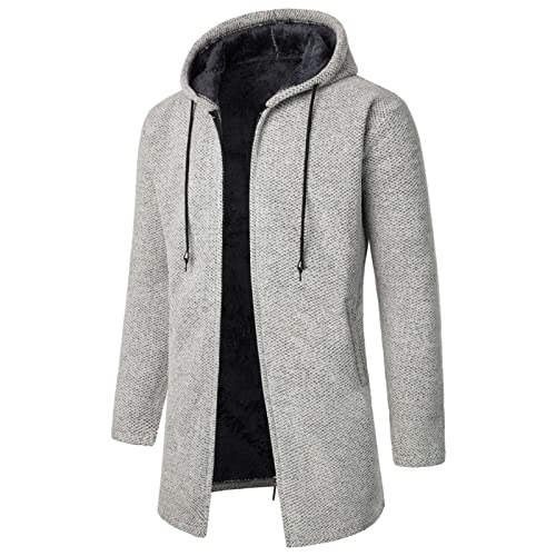 Ymosrh Winter Jacket, Coat For Men Casual Men's Varsity Jackets Rain Kilt Medium Long Coat Hooded Plush Plaid Knitting Drawstring Coat Sweater Warm Solid Color Jackets Tops Coats (L, Light Gray) #TOP2