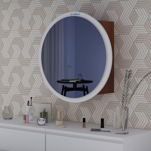 Image of Anikaa Eilish Mirror Cabinet | Wall-Mounted Round Mirror with Hidden Storage | Ideal for Bedroom, Bathroom & Entryway | Walnut /White(20x20x17 Inches)