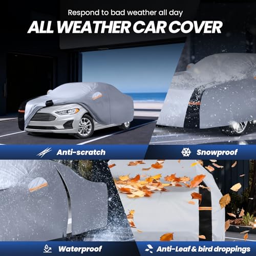 Image of Multi-Layer Car Cover Custom Fit for Ford Fusion(205-2026), 100% Waterproof All Weather for Automobiles, Gift with Towel, Heavy Duty Car Covers for Rain Sun UV Protection with Door Zipper