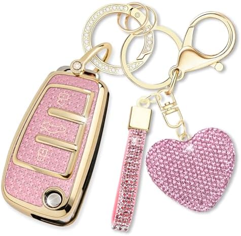 Compatible with Audi Key Fob Cover with Heart Keychain for Women (3 Buttons)