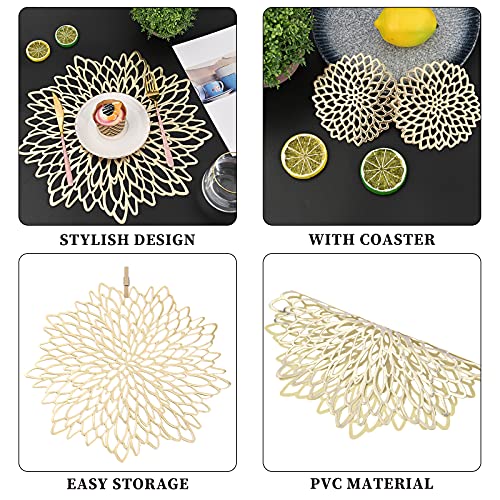 16Pcs Pressed Vinyl Metallic Placemats And Coaster Sets,8 Placemats And 8 Coaster,Round Wedding Dining Table Mats Kitchen Decor Placemats,Gold Leaf Pvc Outdoor Indoor Dinner Table Placemats #TOP4