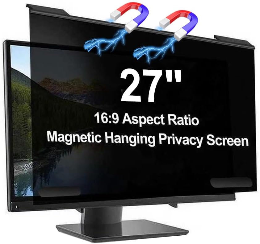 Magnetic Privacy Screen for 27 Inch Monitor, 16:9 Aspect Ratio Computer Polycarbonate Anti Spy Filter, Aluminum Alloy Frame Anti-Glare Blue Light Shield, Removable Anti-Peeping Screen Protector for Desktop PC & Monitor
