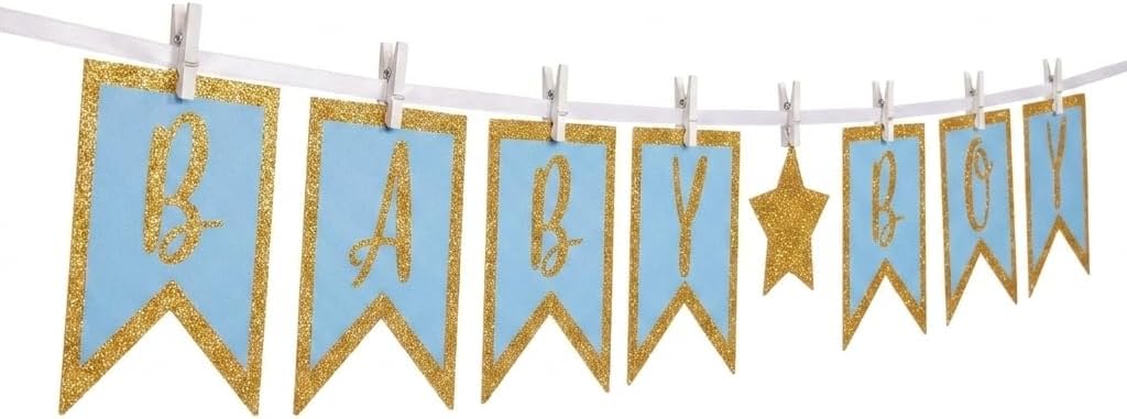 Baby Boy Shower Banner - Blue and Gold Glitter Clothespin Garland