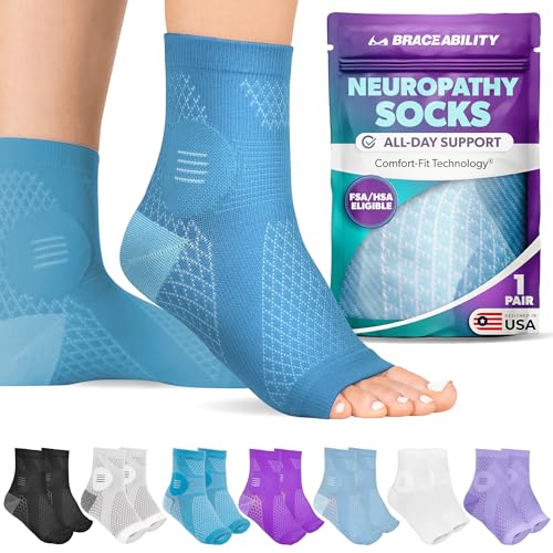 Image of BraceAbility Neuropathy Socks (Pair) - Peripheral Neuritis Compression Diabetic Toeless Foot Sleeves for Nerve Damage Pain in Feet, Ankle Gout, Plantar Fasciitis Relief Brace for Men and Women (L - Teal)