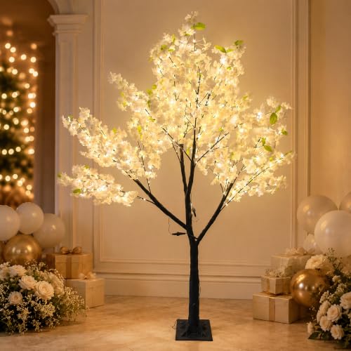 6FT Lighted Cherry Blossom Tree with 400 Warm White LED Fairy Lights, Large Faux Tree, IP44 Waterproof Artificial Tree Lights for Indoor Home Wedding Party Decoration