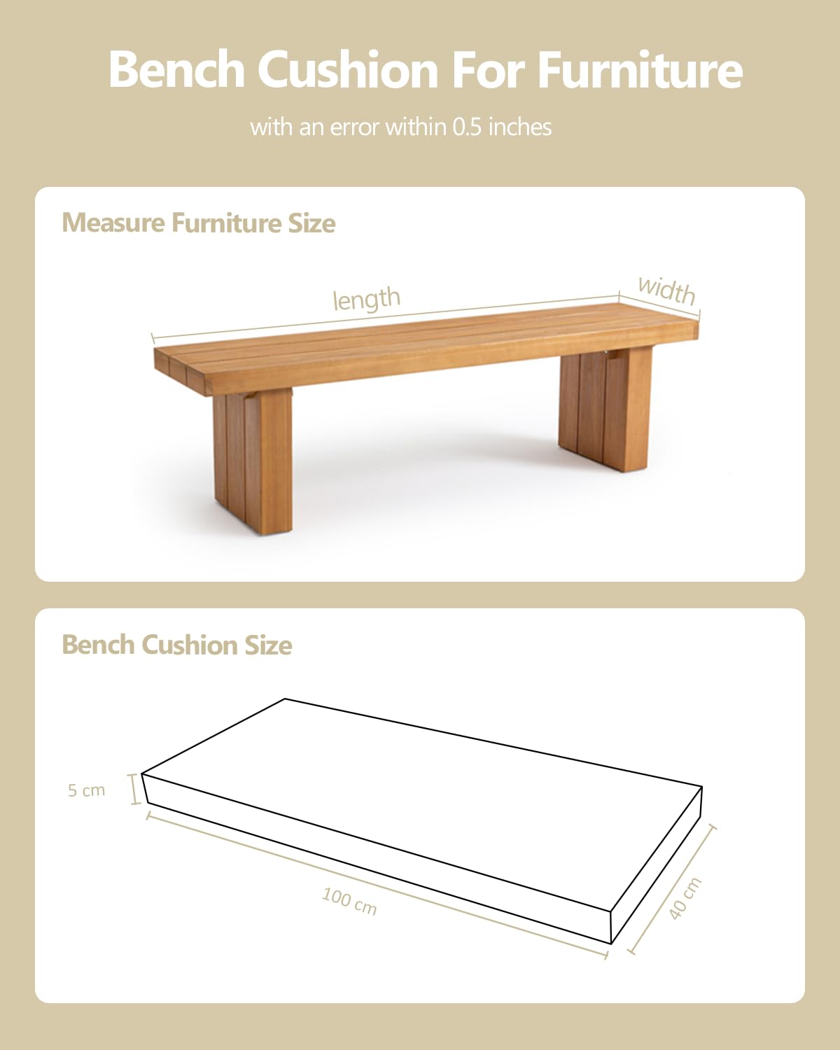 OutStep Coussins de Banc d'extérieur, Coussins d'assise renforcés et imperméables, Coussin de Banc Haute densité avec Dessous antidérapant, Coussins d'extérieur pour balancelles (Beige, 100x40x5 cm)