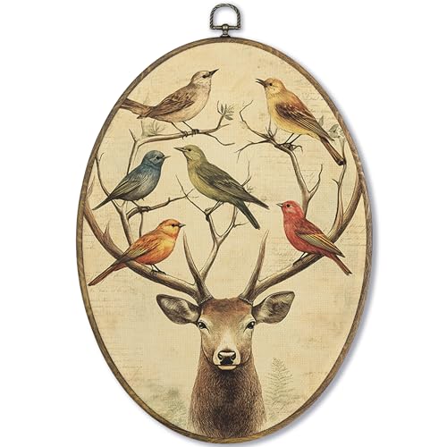 Fewgb Vintage Deer Antlers Birds Oval Wall Art Decor Framed, Reindeer Hunting Canvas Wall Art Prints Picture, Rustic Farmhouse Cottagecore Hanging Room Decor Artwork for Gallery Bedroom 9x12