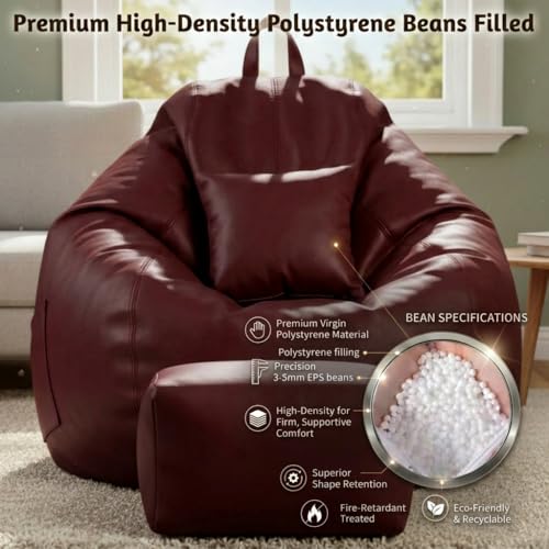 Image of KAM'S LIEU 5XL Luxury Faux Leather Bean Bag with Footrest & Cushion | Pre-Filled High-Density Polystyrene Beans | Premium Leatherette | 6 Months Warranty Color- (Maroon, with Footrest)
