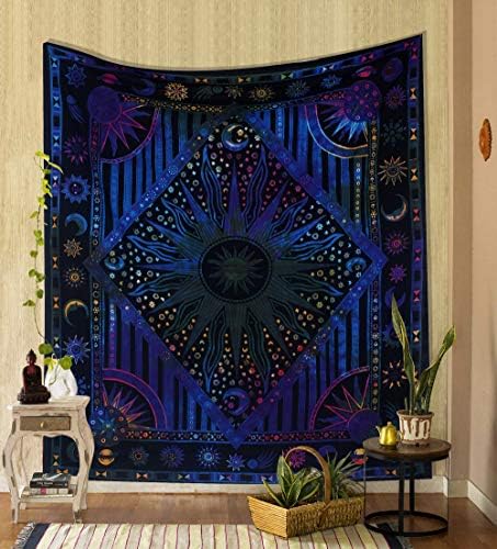 THE ART BOX Burning Sun Zodiac Aesthetic Hippie Tapestry Blue - 215x230 cm Mandala Indie Cotton Celestial Large Wall Hanging Tarot Trippy Tapestries for Bedroom