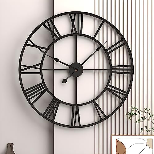 20” Mute Retro Wall Clock, Roman Numerals Art Creative Clock Vintage Silent Metal Clock Industrial Gear Clock, Indoor Black Non Ticking Large Round Decorative Clock for Living Room, Kitchen, Home