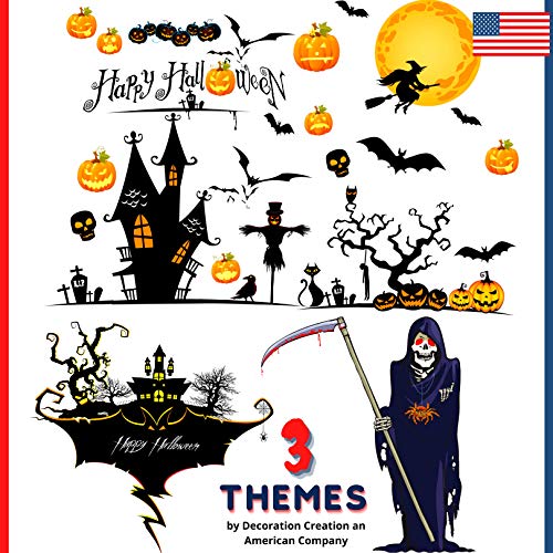 Halloween Window Decorations Stickers (3 Themes). Haunted House, Scary Ghost, Bats, Witch + Pumpkins Decals for Indoor Glass Door + Wall. Home + Office Party Decor Sticker by Decoration Creation
