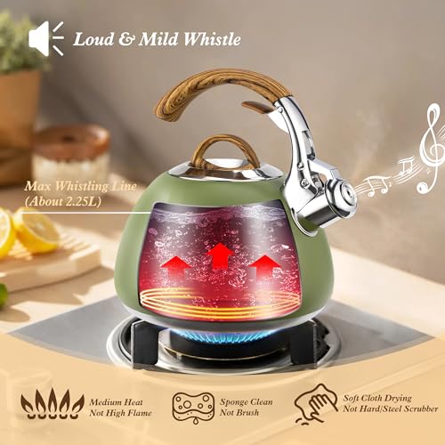 suyika Stove Top Whistling Tea Kettle Food Grade Stainless Steel Teapot with Wood Pattern Handle 3 Quart Green - Thumbnail 3