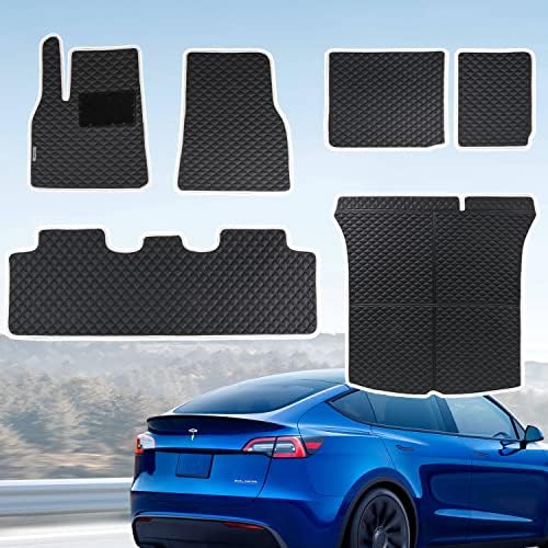 Topfit for Tesla Model Y Floor Mats PU Leather Trunk Mats Cargo Liner Custom and Boot Seat Back Mats for Tesla Model Y Accessories(6 Pcs)