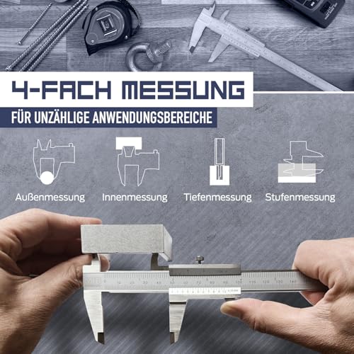 MIB Messschieber mit Feststellschraube DIN 862 150mm | Schieblehre rostfreier Stahl | Analog Messschieber | Schublehre mattverchromt | Präzisions-Messgerät für 4-fach Messung | Messwerkzeug